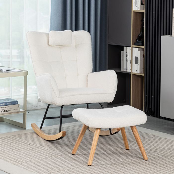 Zitty Fauteuil à Bascule Ergonomique avec Repose-Pieds Tissu Bouclette Bois Massif 65x92cm Blanc