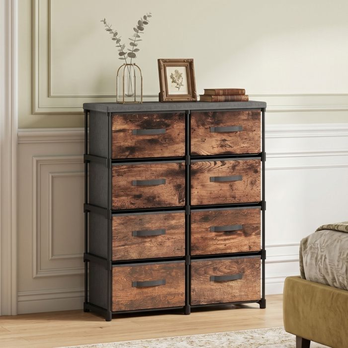 Commode à 8 tiroirs - ZEVKOR - Rustique Vintage - Aspect bois rustique - Structure métal - Tiroirs en tissu
