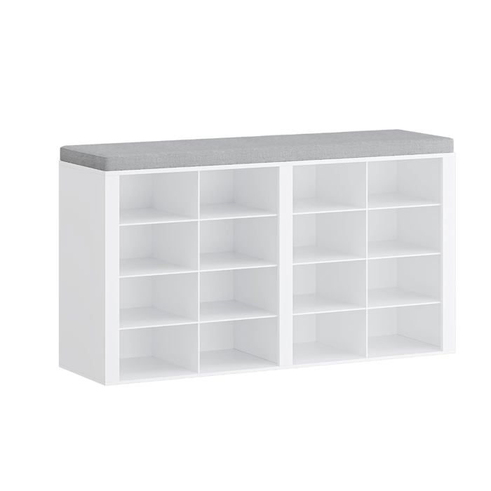 Banc à chaussures 16 compartiments blanc gris - aggloméré 30 x 104 x 59 cm étagères réglables coussin 4 cm charge 150 kg