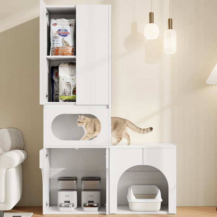 ROVRYN Meuble litière chat 2 bacs avec rangement et niche MDF blanc 140 x 45 x 195 cm