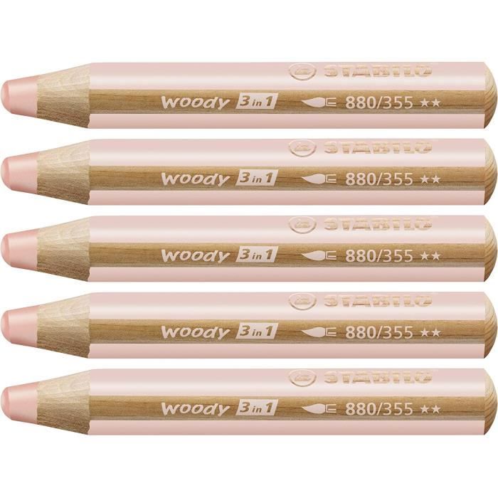 Crayon de couleur - STABILO woody 3in1 duo - lot x 5 crayons de couleurs à mine bicolore - blanc+abricot