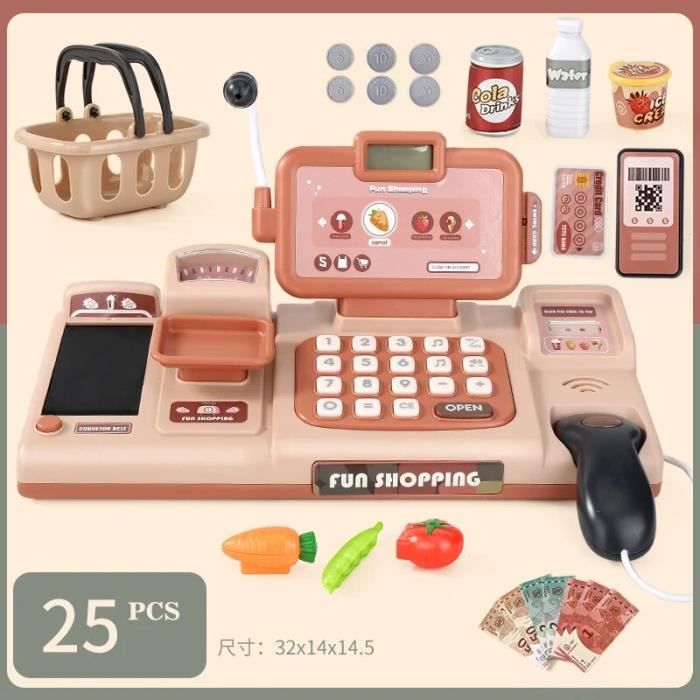 Caisse Enregistreuse Jouet Supermarché Pour Enfants - Set De Shopping Avec Scanner, Couleur Rose