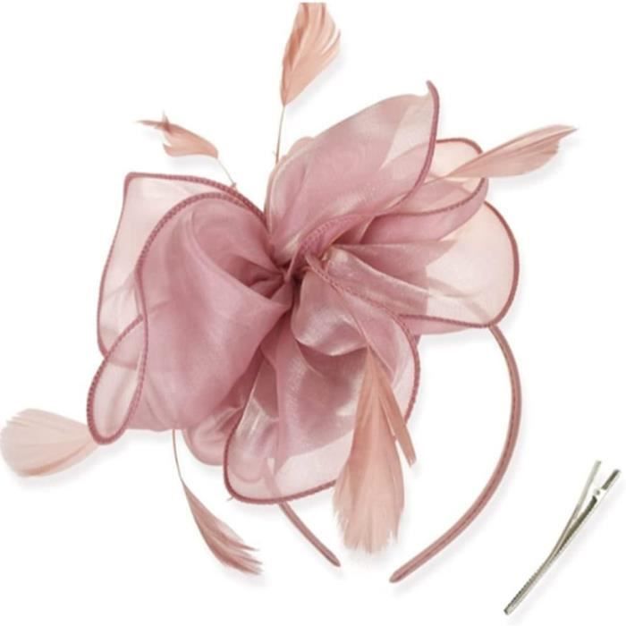Chapeau Femme Fascinator Plume Et Floral - Rose Abricot - Cocktail, Thé, Fête