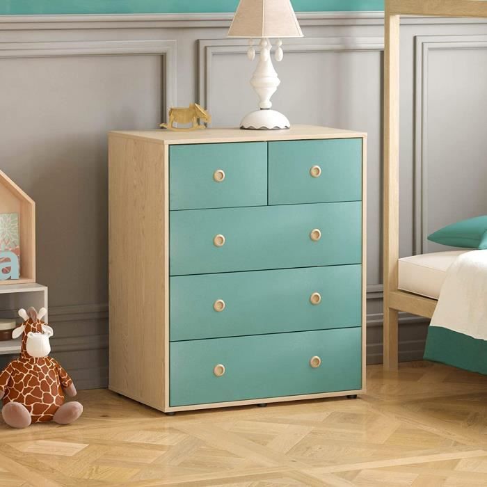 Commode Enfant 5 Tiroirs Rose Et Chêne - Rangement Moderne Chambre - Junior Vida Neptune