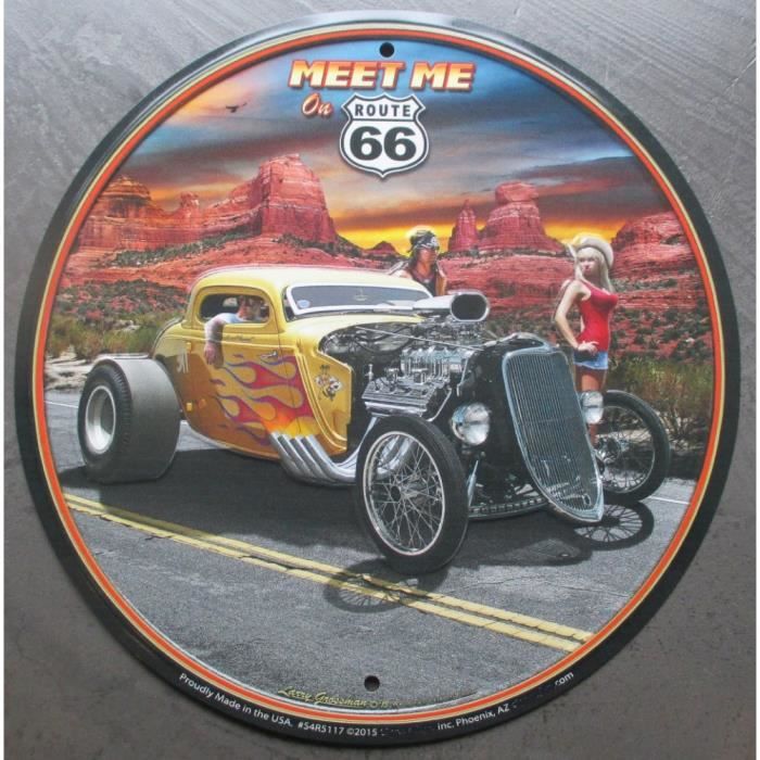 hotrodspirit Plaque Hot Rod Ford 32 Noir Flammes et Route 66 tole Deco