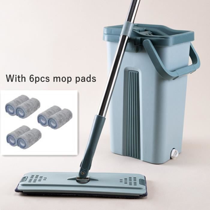 Serpillère,Balai serpillère à plat avec tampon microfibre et seau automatique, pour le nettoyage humide-à - Type Green 6 mop pads