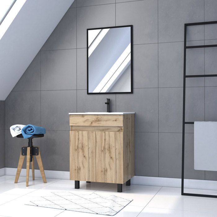 Meuble salle de bains 60cm décor chene naturel 2 portes - Vasque blanche et Miroir - TIMBER Meuble salle de bains 60cm décor chene naturel 2 portes - Vasque blanche et Miroir - TIMBER