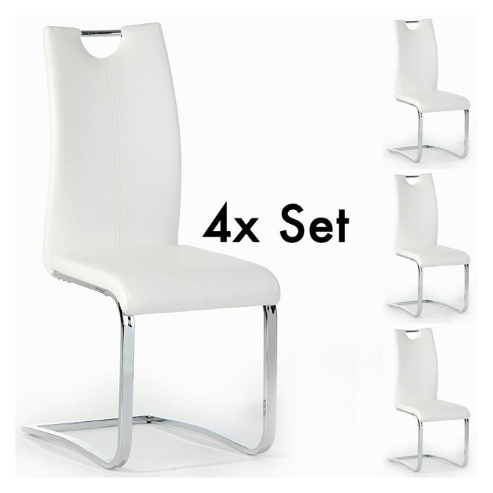 Lot de 4 chaises de salle à manger SABA avec poignée intégrée et piétement chromé revêtement en synthétique blanc Lot de 4 chaises de salle à manger SABA avec poignée intégrée et piétement chromé revêtement en synthétique blanc