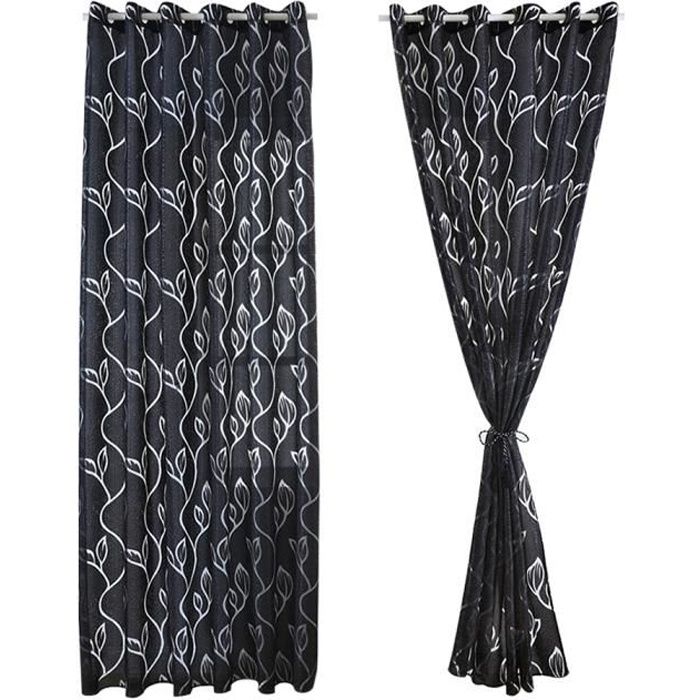 2 Pièces Rideaux Voilage Noir 100x250 cm avec Motifs de Feuilles Décoration Élégante de Salon Chambre Salle à Manger