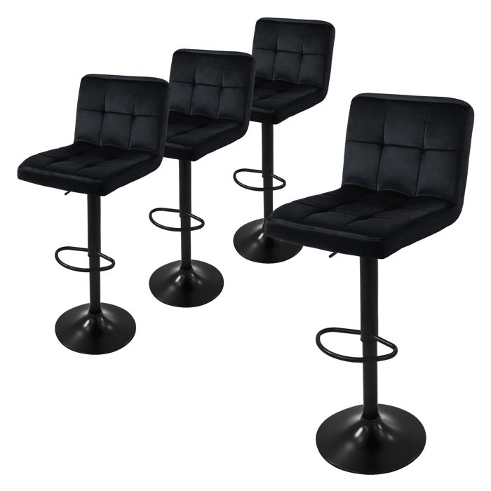ML-Design Tabouret de bar set de 4 revêtement en velours noir dossier et repose-pieds hauteur 63-83cm
