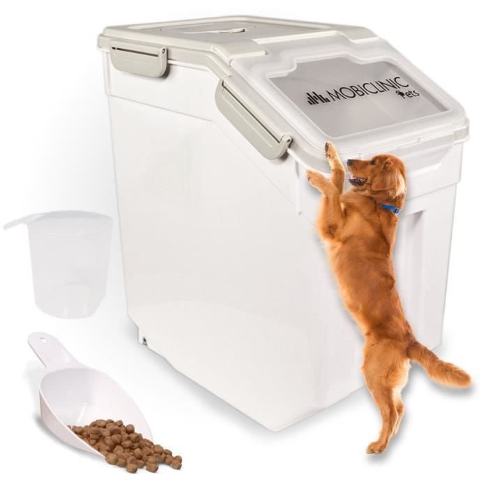 Meilleurs prix pour Conteneur à nourriture Mobiclinic Blanc 20 litres Fermeture hermétique Avec roulettes Comprend une pelle et un doseur FeedPet