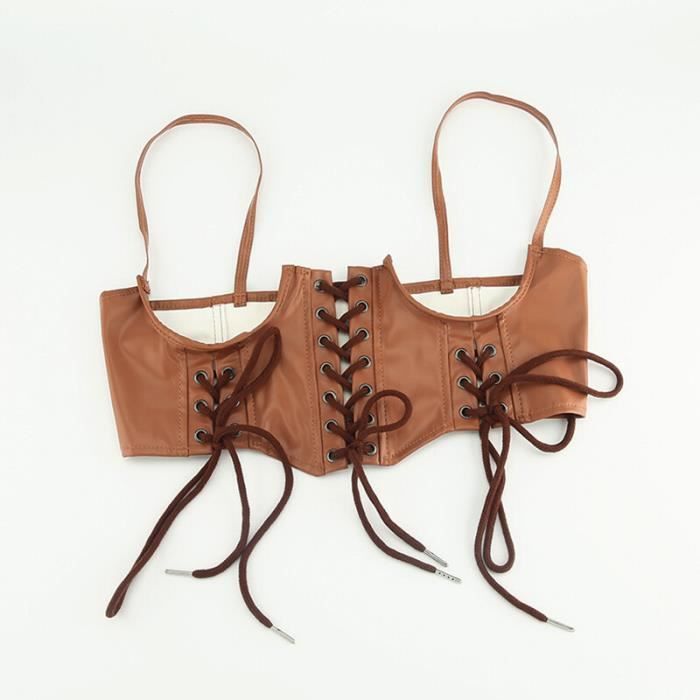 Ceinture Corset en Cuir Marron Avec Bretelles