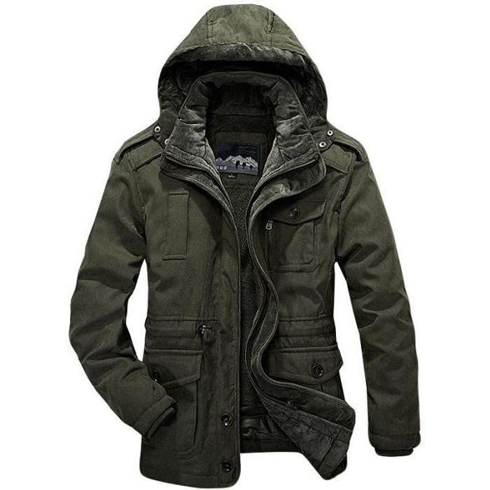 Blouson de Hiver Homme Tres Chaud Epais avec Capuche Demontable Doublee Polaire Amovible Parka Homme Vert