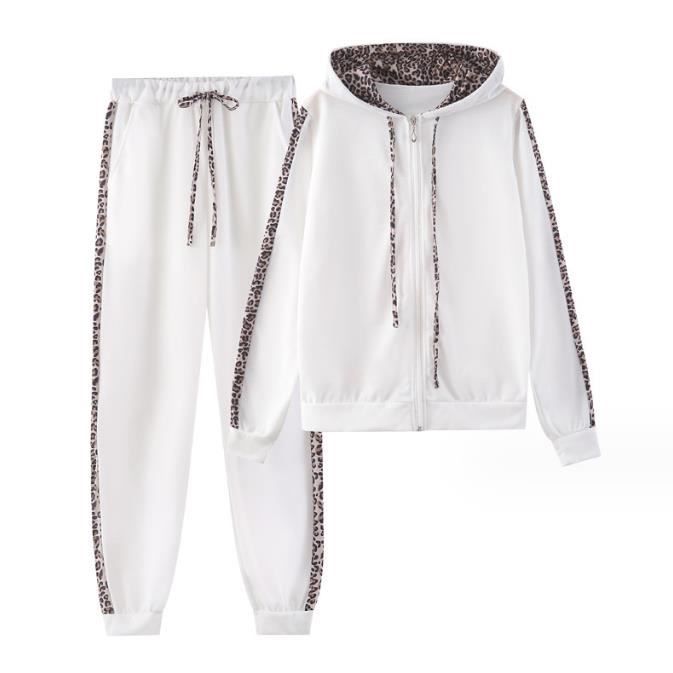 Ensemble de Survêtement - Femme - Imprimé Léopard - Sweat à Capuche - Pantalon Jogging - Blanc