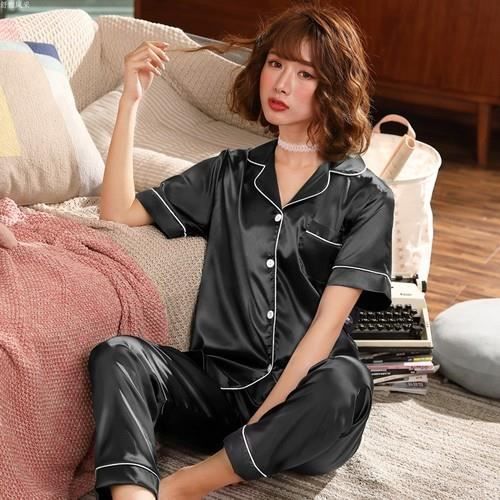 Pyjama en soie femme,Pyjama Femme 2021 Printemps Femmes Sexy Satin Soie  Pyjama Ensembles Dames Manches courtes Hauts + Pantalons lo