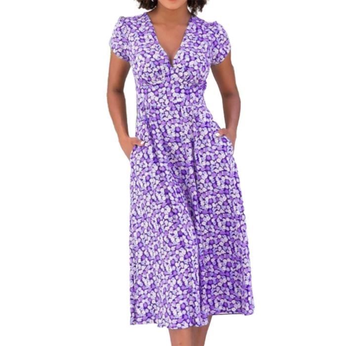 ROBE Robe d?�contract?�e ?� fermeture ?�clair en V ?� col mi-taille, motif floral, robe de boh?�me 