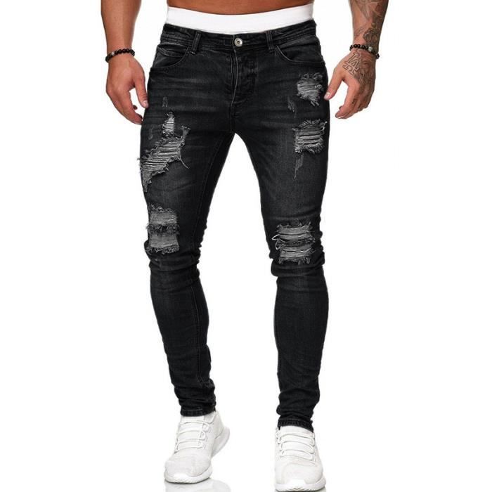 Jean Homme,Jeans Déchiré Hommes,Pantalon homme Slim Stretch ,Hommes Denim Jeans Casual--Noir