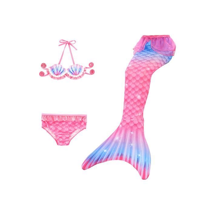 DAXIANG Maillot De Bain Sirène Enfant - 3 Pièces (Haut, Culotte, Queue) - 10-12 Ans - Bleu Foncé