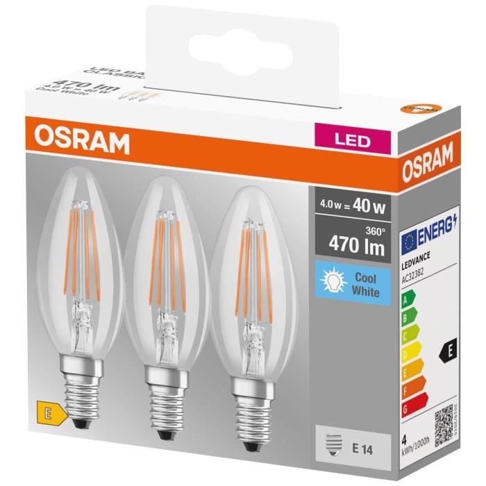 OSRAM Boite de 3 Ampoules LED clair flamme E14 4W - Blanc froid