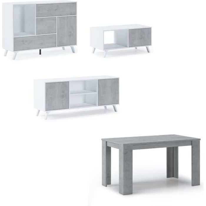 skraut home - ensemble wind, buffet-meuble tv-table centrale-table fixe couleur structure blanc et couleur portes et tiroirs ciment