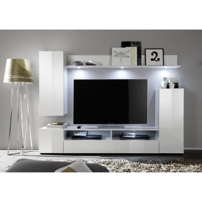 Ensemble meuble TV DOS - 3 Portes - LED - Mélamine blanc mat et brillant - L208 x P33 x H165 cm