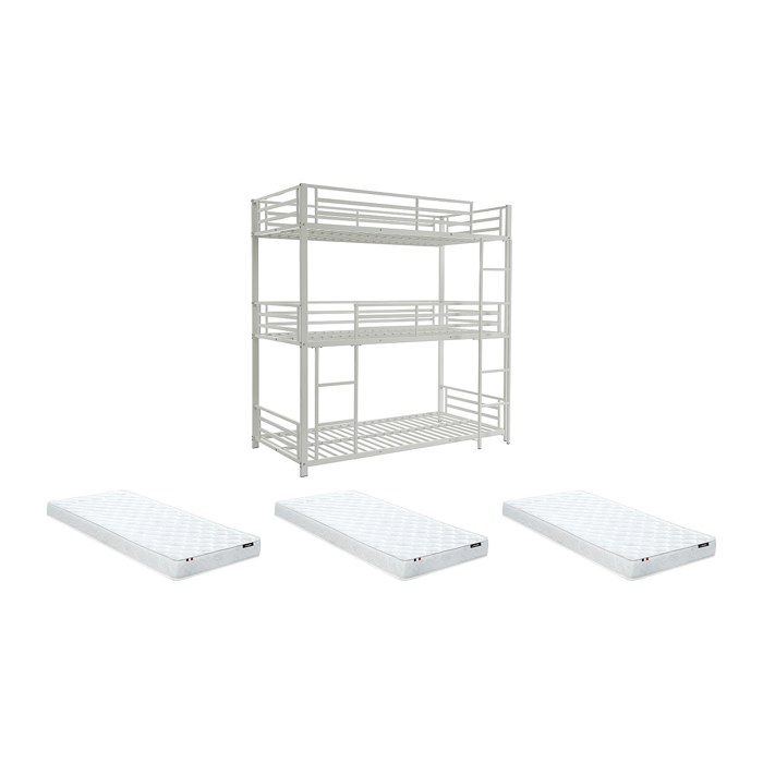 Lits superposés triple 3 x 90 x 190 cm - Métal - Blanc + Matelas - ELOUAN III