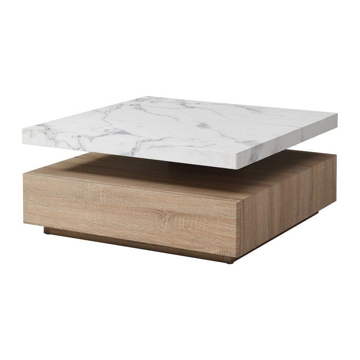 Table basse pivotante avec 1 tiroir en MDF - Effet marbre blanc et Naturel - KYRIA