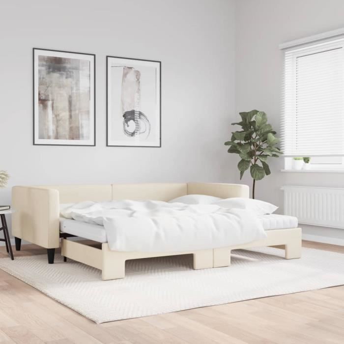 vidaXL Lit de jour avec gigogne et matelas crème 100x200 cm tissu 3196605