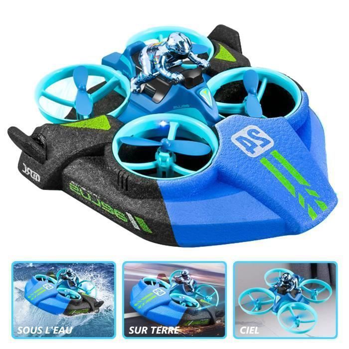 Drone Enfant Jouet Mer-Terre-Air 3 en 1 Voiture RC et Bateau RC commutable avec 2 Batteries Mode sans Tête Cadeau dès 6 Ans