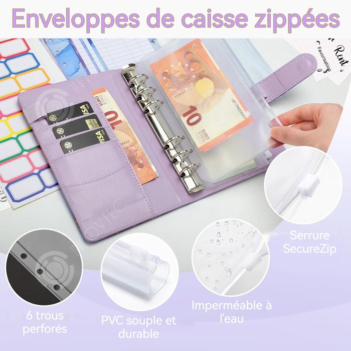 Classeur Budget Planner A6 - Avec 12 Feuilles Budget Et 10 Enveloppes Zip - Organisateur Finances Violet