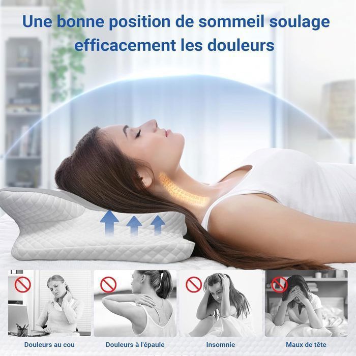 Oreiller Cervical Restnature Mémoire Forme 2 En 1 - 60x42x10/12cm Gris Pour Dormeurs Côté/dos/ventre