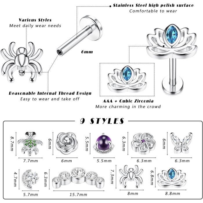 Set De 9 Paires Boucles D'Oreilles Femme - Acier Inoxydable Hypoallergénique, Creoles Et Clous
