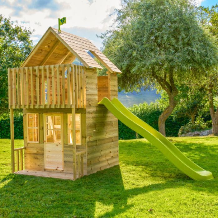 Maisonnette en cèdre vert sur pilotis avec bac à sable et toboggan Exit Toys Maisonnette en cèdre vert sur pilotis avec bac à sable et toboggan Exit Toys