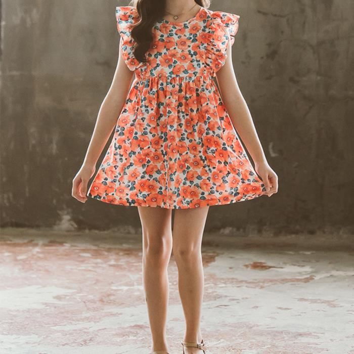 B b Fille Robe Courtes sans Manches Vintage Fille Robe Fleurs