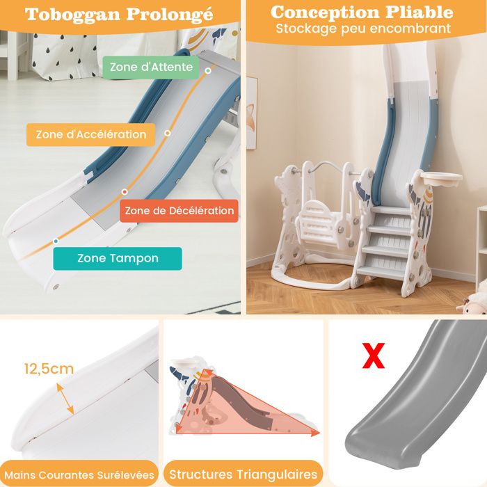 Toboggan 4-en-1 pour enfants avec balançoire, Blanc Antique+Gris