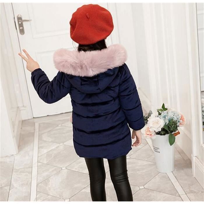 Manteau Hiver Enfants Fille Épais Gold Velvet - Doudoune Mi-Longue Avec Capuche Fourrure, Poches Et Zip - Chaud Et Confortable 3-12 Ans