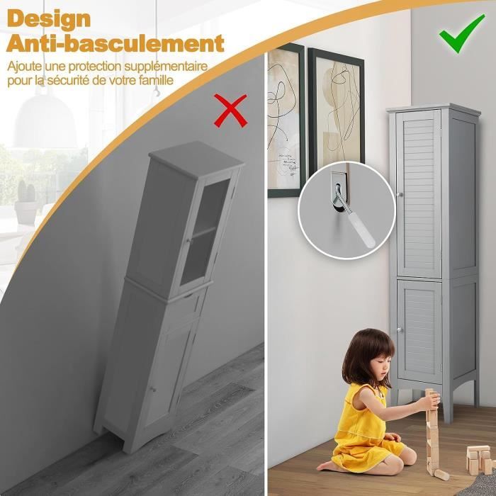 Armoire Salle De Bain Haute 180 Cm - 2 Portes, 1 Tiroir, 5 étagères Réglables, Blanc, Pour Petits Espaces - 11