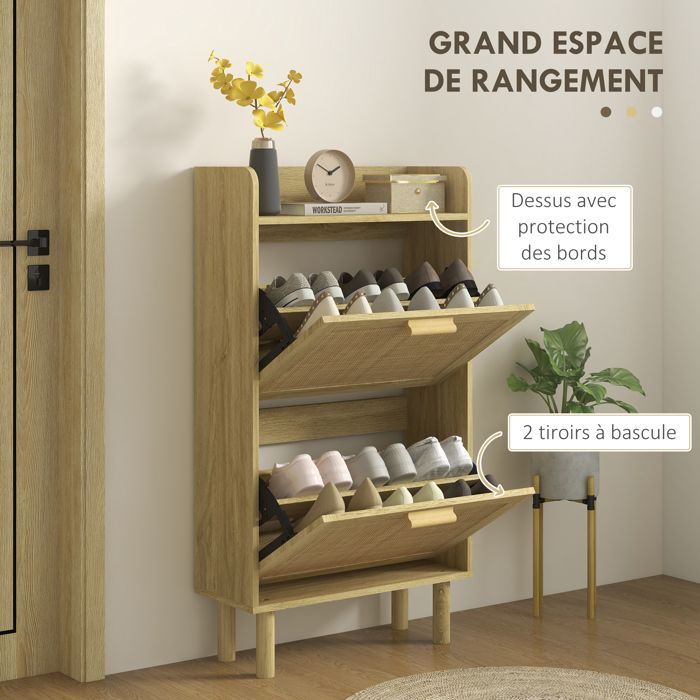 Meuble à Chaussures étroit Avec 2 Tiroirs Rabattables - Design Bohème Cannage - 80x24x115 Cm, Capacité 20 Paires - Pour Entrée, Couloir