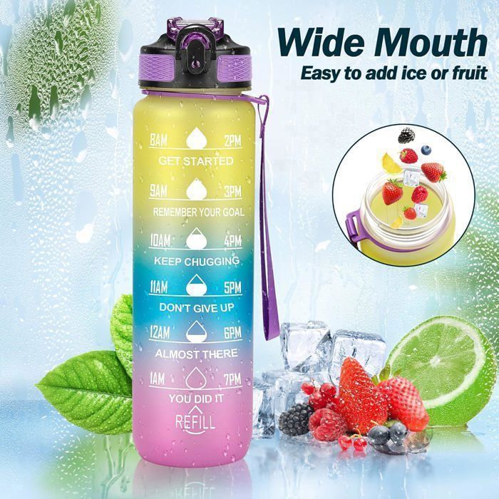 Gourde, 1.5L Bouteille, Gourde Sport avec Paille, Gourde Motivation avec Marqueur de Temps, Bouteille d'eau, Étanche - Sport