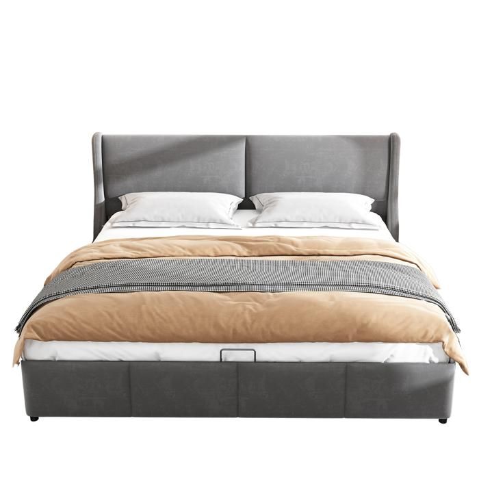 Zepneiy Lit 140x200 Avec Sommier à Lattes, Lit Coffre Rembourré 140x200 En Forme D'oreille Avec Hydraulique Espace De Rangement, Cadre De En Tissu Velours Anti Salissures Beige (sans Matelas