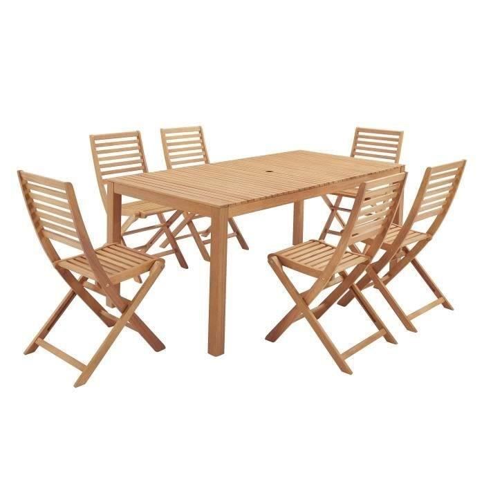 Ensemble repas de jardin 6 personnes - Table 160 x 90 cm + 6 chaises pliantes - Bois Eucalyptus FSC