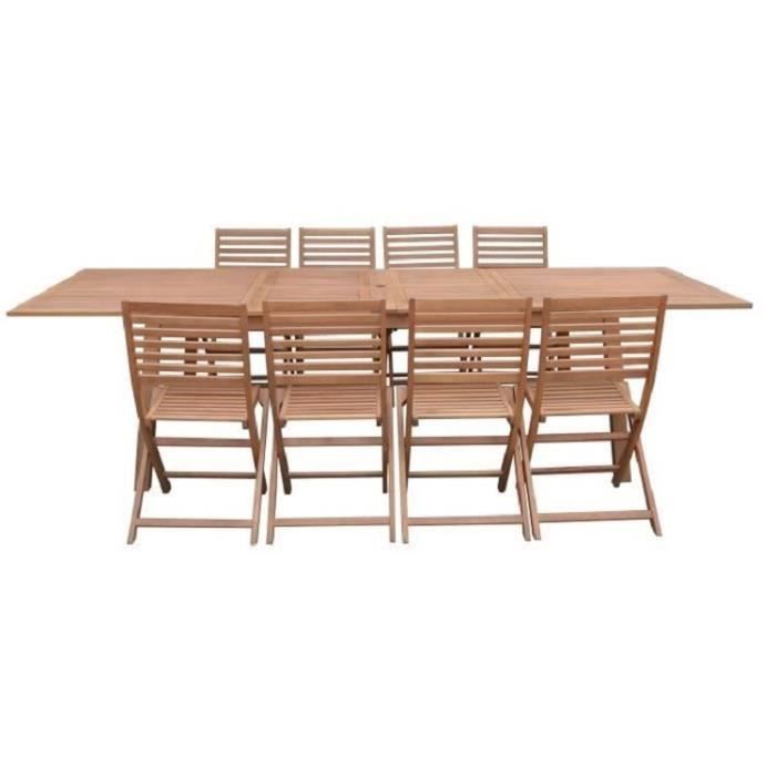 Ensemble repas de jardin 8 à 12 personnes - Table extensible 200/250/300 x 100cm + 8 chaises - Bois Eucalyptus FSC