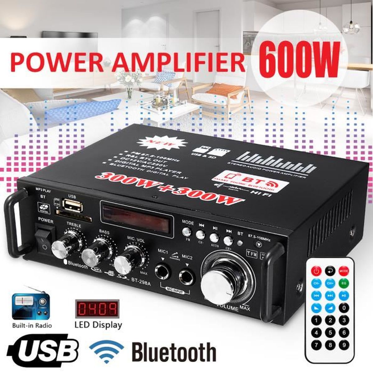 Amplificateur Audio DollaTek LP-168S - 2.1 Canaux, 40W+68W - Pour Voiture, Maison, LED Incluse
