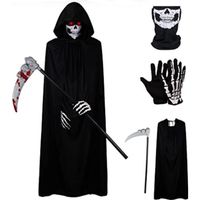 Costume De Faucheuse, 4 Pièces Halloween Grim Reaper Tenue Cape Crâne Masque Gants Et Faux Accessoires (Noir)