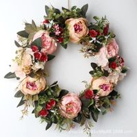 Couronne florale artificielle, couronne mixte de pivoines roses, violettes et blanches, pour porte d'entrée, mur extérieur, déc N°4