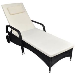 CHAISE LONGUE Transat chaise longue bain de soleil lit de jardin terrasse meuble d exterieur avec coussin et roues resine tressee noir