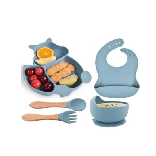 Set Vaisselle Bébé Silicone Beige - Assiette Ventouse, Bol, Bavoir, Couverts BLW