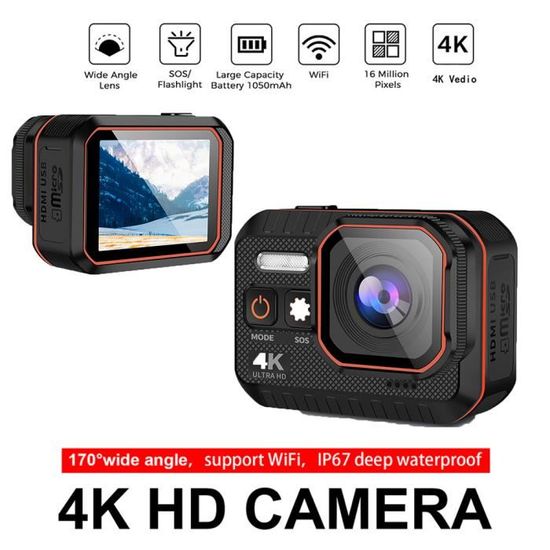 Caméra Sport 4K 16MP 24fps Mini Caméra d'Action WiFi Écran LCD 2.0'' IP68 Étanche
