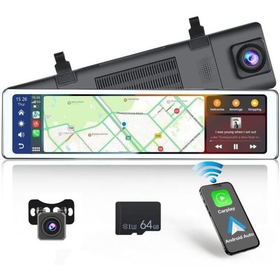 Rétroviseur Dashcam 11,26 Pouces Avec CarPlay/Android Auto Sans Fil – Caméra Avant Et Arrière, Bluetooth, FM, Aide Au Stationnement