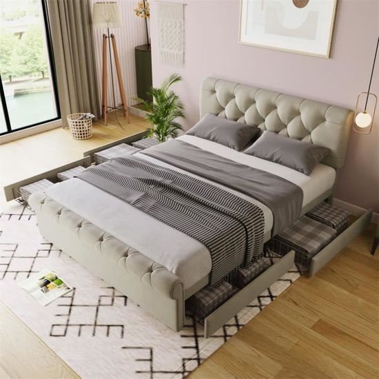 Lit Double 140x200 Avec Tête De Lit Réglable Et Tiroir De Rangement - Velours Beige, Sommier Lattes, Ports USB - Sans Matelas